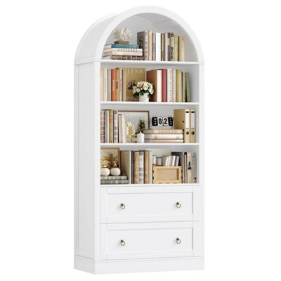 White Arched Bookcase With Drawers Arch Display Cabinet Tall Bookshelf - image 1