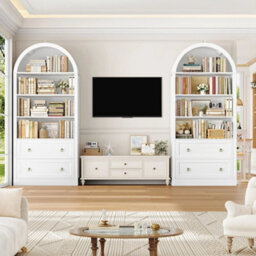 White Arched Bookcase With Drawers Arch Display Cabinet Tall Bookshelf - thumbnail 6