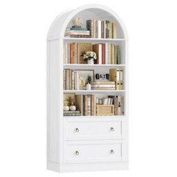 White Arched Bookcase With Drawers Arch Display Cabinet Tall Bookshelf - thumbnail 1