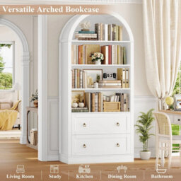 White Arched Bookcase With Drawers Arch Display Cabinet Tall Bookshelf - thumbnail 3