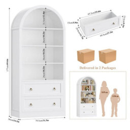 White Arched Bookcase With Drawers Arch Display Cabinet Tall Bookshelf - thumbnail 2