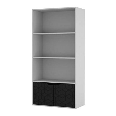 Urbn-Living Urbnliving 4 Tier White Wooden Bookcase Cupboard With Black Geo Doors Storage Shelving Display Cabinet - image 1