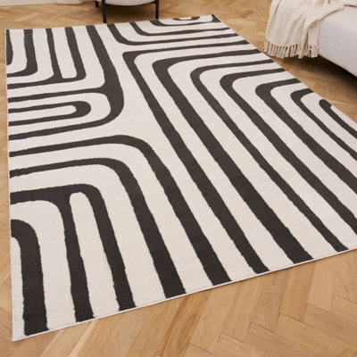 The Rugs Loft Ivory Curved Line Living Room Area Rug And Runners Soft Pile - image 1