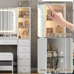 Fusou Vanity Desk With Mirror, 11 Drawers & 2 Storage Cabinets, Glass Top, Adjustable Shelf, Power Outlet & Stool, White - thumbnail 4