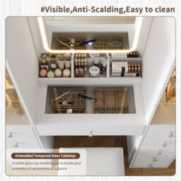 Fusou Vanity Desk With Mirror, 11 Drawers & 2 Storage Cabinets, Glass Top, Adjustable Shelf, Power Outlet & Stool, White - thumbnail 5