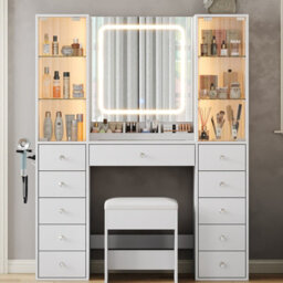 Fusou Vanity Desk With Mirror, 11 Drawers & 2 Storage Cabinets, Glass Top, Adjustable Shelf, Power Outlet & Stool, White - thumbnail 6