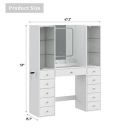 Fusou Vanity Desk With Mirror, 11 Drawers & 2 Storage Cabinets, Glass Top, Adjustable Shelf, Power Outlet & Stool, White - thumbnail 2