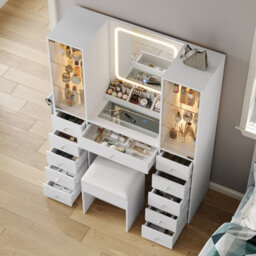 Fusou Vanity Desk With Mirror, 11 Drawers & 2 Storage Cabinets, Glass Top, Adjustable Shelf, Power Outlet & Stool, White - thumbnail 3
