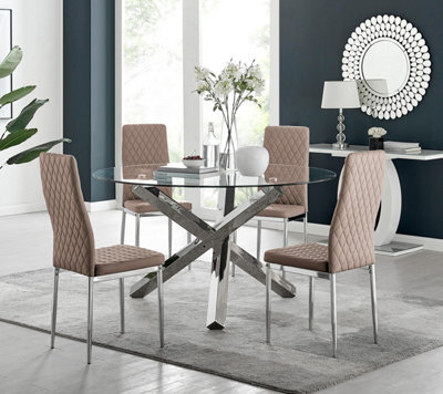 Furniturebox Uk Vogue Large Round Chrome Metal Clear Glass Dining Table And 4 Cappuccino Milan Dining Chairs Set - image 1
