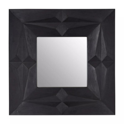 Orsina Square Wall Mirror With Black Finish, Carved Mango Wood Frame With Geometric Design, Sustainable - image 1
