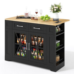 Btm Kitchen Island Cart With Drop Leaf, Ac Socket And Usb, Glass Door, 120X65X92Cm - thumbnail 7