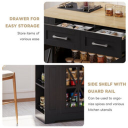 Btm Kitchen Island Cart With Drop Leaf, Ac Socket And Usb, Glass Door, 120X65X92Cm - thumbnail 4