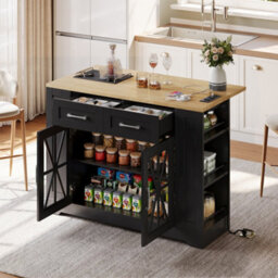 Btm Kitchen Island Cart With Drop Leaf, Ac Socket And Usb, Glass Door, 120X65X92Cm