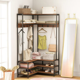 Costway Corner Garment Rack L-Shaped Clothes Rack W/ 7 Hooks Shoe Bench - thumbnail 5