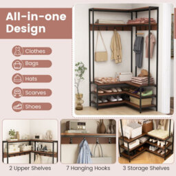 Costway Corner Garment Rack L-Shaped Clothes Rack W/ 7 Hooks Shoe Bench - thumbnail 6