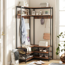 Costway Corner Garment Rack L-Shaped Clothes Rack W/ 7 Hooks Shoe Bench - thumbnail 1