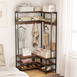 Costway Corner Garment Rack L-Shaped Clothes Rack W/ 7 Hooks Shoe Bench - thumbnail 4
