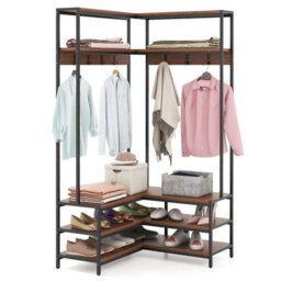 Costway Corner Garment Rack L-Shaped Clothes Rack W/ 7 Hooks Shoe Bench - thumbnail 2
