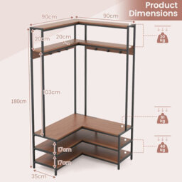 Costway Corner Garment Rack L-Shaped Clothes Rack W/ 7 Hooks Shoe Bench - thumbnail 3