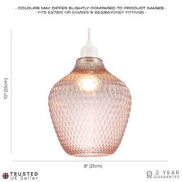 Happy Homewares Modern Designer Soft Blush Pink Curvy Diamond Etched Glass Pendant Lamp Shade - thumbnail 7