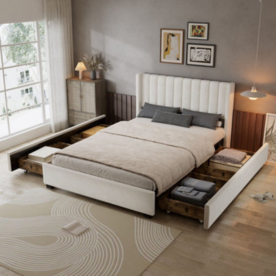 Merax 4Ft6 Double Upholstered Bed 135 X 190 Cm, Velvet Storage Bed With 4 Drawers, Padded Headboard And Slats, Beige - image 1