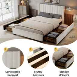 Merax 4Ft6 Double Upholstered Bed 135 X 190 Cm, Velvet Storage Bed With 4 Drawers, Padded Headboard And Slats, Beige - thumbnail 5