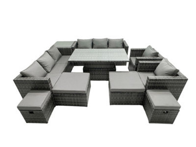 Fimous Rattan Dining Table Sofa Set With Side Table 2 Armchair 4 Stools Outdoor 12 Seat Garden Furniture Set Dark Grey Mixed - image 1