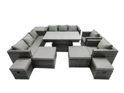 Fimous Rattan Dining Table Sofa Set With Side Table 2 Armchair 4 Stools Outdoor 12 Seat Garden Furniture Set Dark Grey Mixed - thumbnail 2
