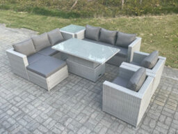 Fimous Rattan Garden Funiture Set Adjustable Rising Lifting Table Sofa Dining Set Lounge Chair Side Table Footstool - thumbnail 3