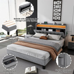 Abrihome Upholstered Bed, 4Ft6 Double Bed 135X190Cm, Lower Flap Door Storage, With Led Light Strip, 3 Usb Port+1 Type C, Velvet, Grey - thumbnail 3