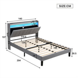 Abrihome Upholstered Bed, 4Ft6 Double Bed 135X190Cm, Lower Flap Door Storage, With Led Light Strip, 3 Usb Port+1 Type C, Velvet, Grey - thumbnail 7