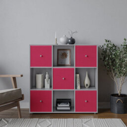 Urbn-Living 9 Cube Grey Wooden Bookcase Shelving Unit With 5 Collapsible Fabric Drawers Fuchsia - thumbnail 2