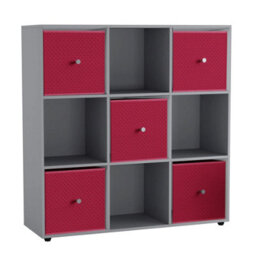 Urbn-Living 9 Cube Grey Wooden Bookcase Shelving Unit With 5 Collapsible Fabric Drawers Fuchsia