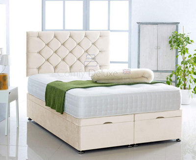 Comfy Deluxe Cream  Plush Foot Lift Ottoman Bed With Memory Spring Mattress And  Studded   Headboard 5.0Ft King Size - image 1