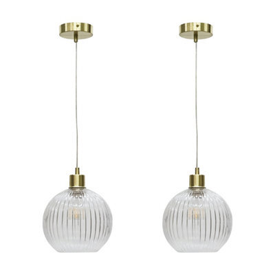 First Choice Lighting Set Of 2 Betchley - Clear Ribbed Glass Globe With Satin Brass Pendants - image 1