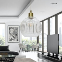 First Choice Lighting Set Of 2 Betchley - Clear Ribbed Glass Globe With Satin Brass Pendants - thumbnail 4