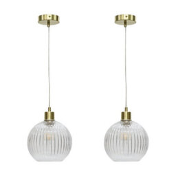 First Choice Lighting Set Of 2 Betchley - Clear Ribbed Glass Globe With Satin Brass Pendants - thumbnail 1