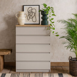 Wyld Haus Budapest 5-Drawer Chest Cream Cashmere Finish With Natural Oak-Effect Top
