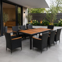 Heze Furniture Kordoba Rattan Garden Furniture Set With Dining Table And 8 Chairs In Black & Oak