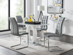 Furniturebox Giovani Rectangular 4 Seat White High Gloss Unique Halo Base Dining Table Grey Glass Top 4 Grey Faux Leather Murano Chairs - thumbnail 1