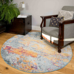 Loomed Navy Blue Ochre Multicolour Distressed Abstract Round Circlular Rug 160Cm Diameter - thumbnail 2