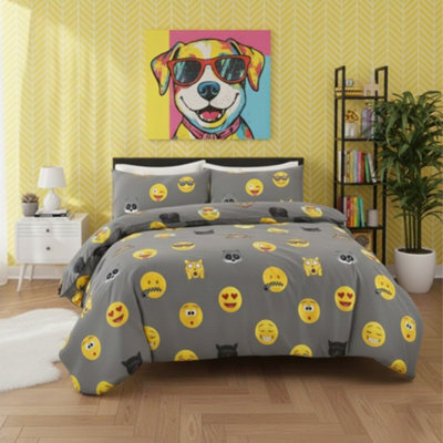 Emoji Print Duvet Cover Set Cool Playful Bedding With Pillowcases Grey - image 1
