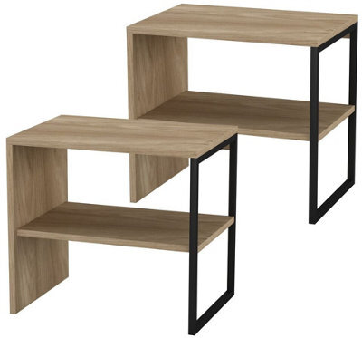 Urbn-Living Urbnliving 40Cm Height Oak 2Pcs Wood & Steel Bedside Bedroom Nightstand Unit Table Open Storage Shelf - image 1