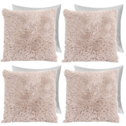 "Ohs Fluffy 4 X Cushion Covers Filled Soft Shaggy, 18""x 18"" - Natural Brown"