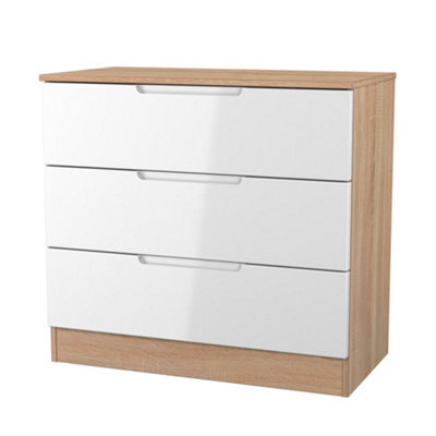 Messina Ready Assembled Gloss White & Oak 3 Drawer Wide Chest (H)685mm (W)740mm (D)390mm - image 1
