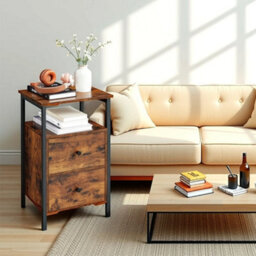 LEDREM Bedside Table, Sofa Table, Nightstand With 2 Drawers, Industrial, For Bedroom, Living Room, Rustic Brown - thumbnail 3