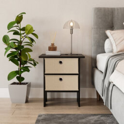 Urbn-Living Urbnliving Height 45Cm 2 Tier Wooden Black Table 2 Beige Drawer Bedroom Bedside Nightstand Living Room Side Cabinet - thumbnail 3