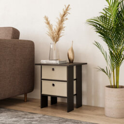 Urbn-Living Urbnliving Height 45Cm 2 Tier Wooden Black Table 2 Beige Drawer Bedroom Bedside Nightstand Living Room Side Cabinet - thumbnail 2