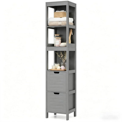 Bathroom Floor Cabinet Tall Storage Organizer Grey Wooden With 2 Drawers - image 1