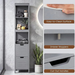 Bathroom Floor Cabinet Tall Storage Organizer Grey Wooden With 2 Drawers - thumbnail 4